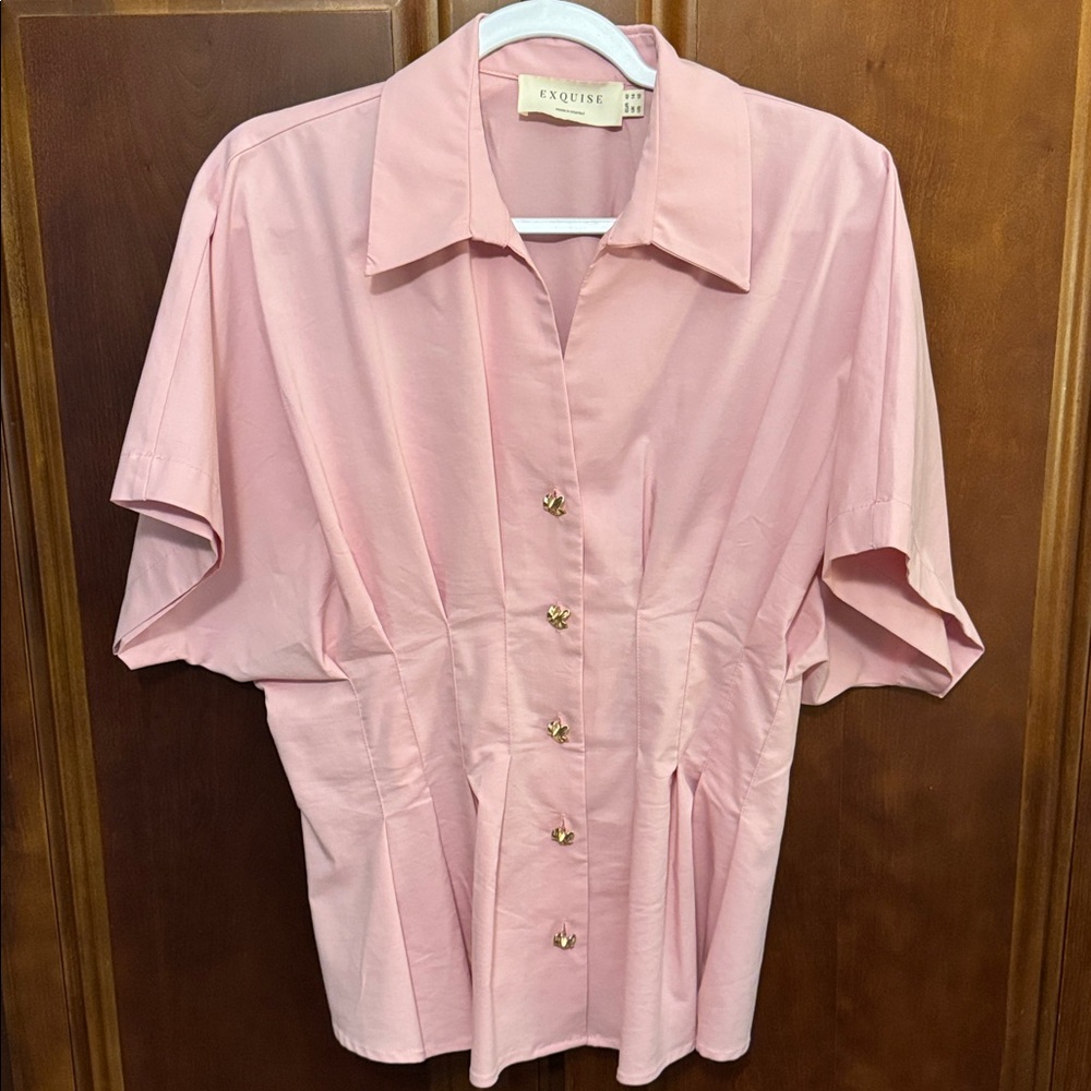 Exquise Georgia Shirt Pleated Waist Button-Up Blouse in Pastel Pink size 10 - Picture 4 of 8